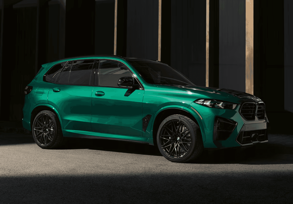 "Striking 2025 BMW X5 in Green, showcasing its bold design, black alloy wheels, and athletic stance — now available at BMW of Northwest Arkansas.