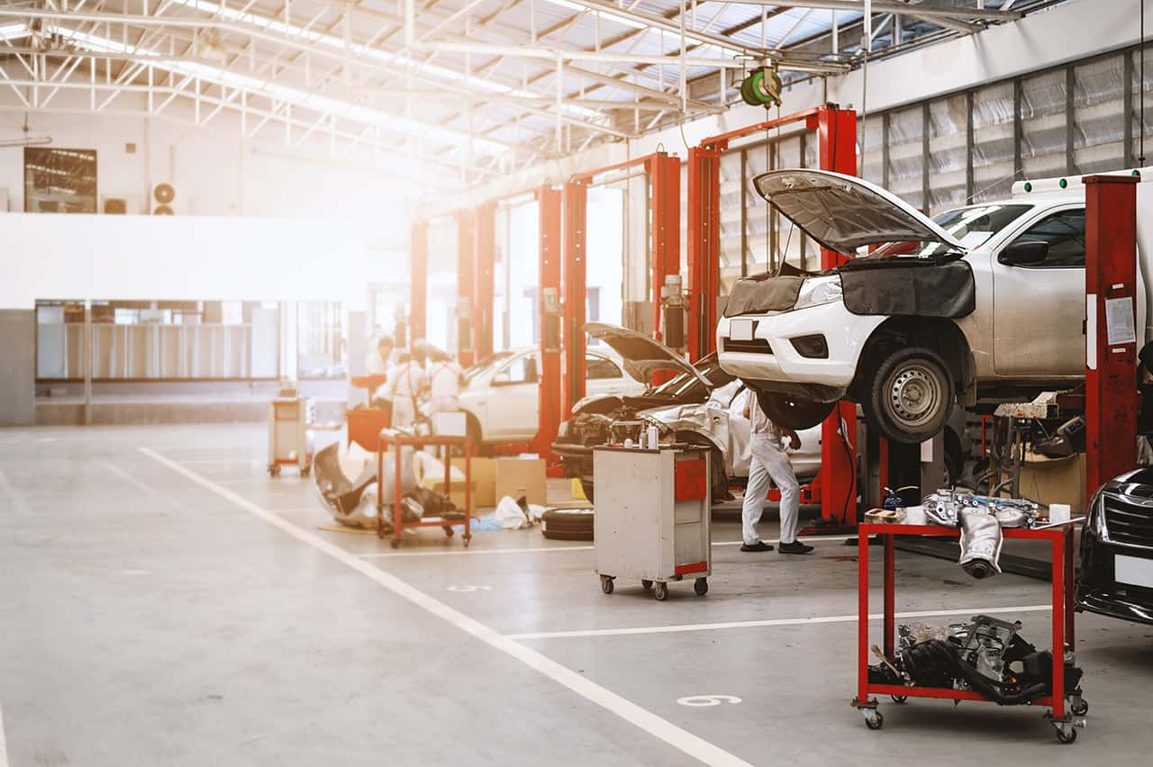 car repair station with soft-focus and over light in the background