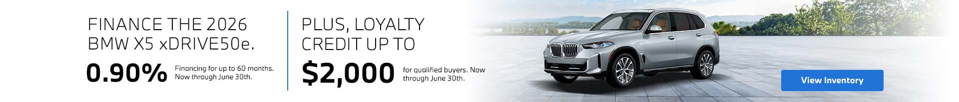 2026 BMW X5 xDrive50e finance offer.