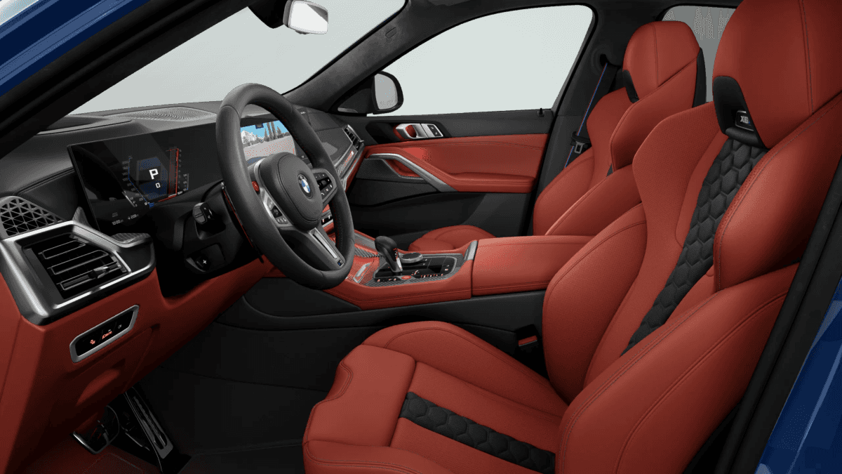 Luxury interior cabin of the 2027 BMW X6 M Competition featuring Extended Merino Leather and M steering wheel