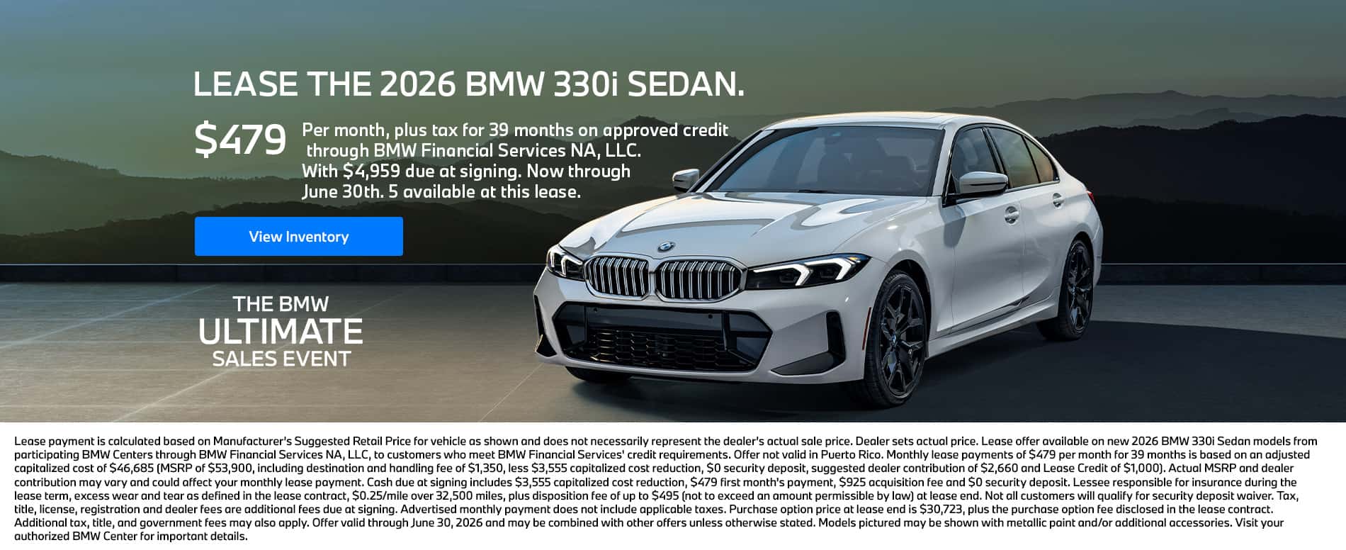 2026 BMW 330i Sedan Lease for $479 plus tax per month for 39 months on approved credit, with $4,959 Due At Signing 5 Available at this Lease