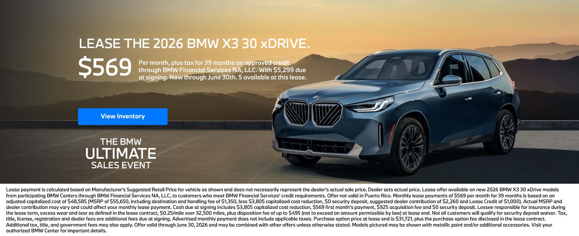 2026 BMW X3 30 xDrive Lease for $569 plus tax per month for 39 months on approved credit, with $5,299 Due At Signing 5 Available at this Lease
