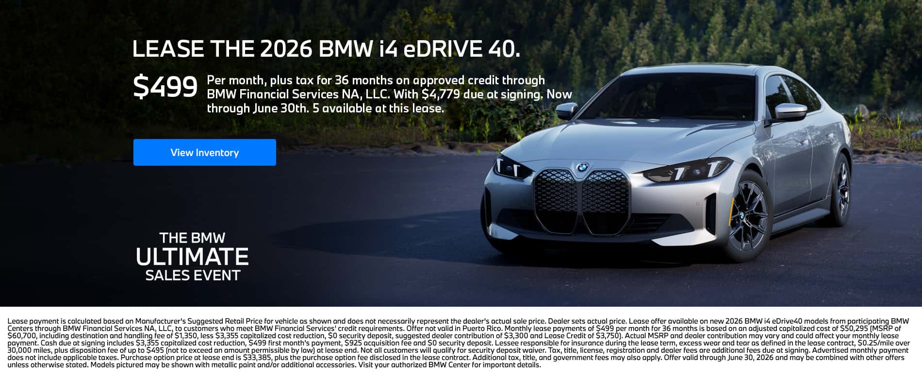 2026 BMW i4 eDrive40 Lease for $499 plus tax per month for 36 months on approved credit, with $4,779 Due At Signing 5 Available at this Lease