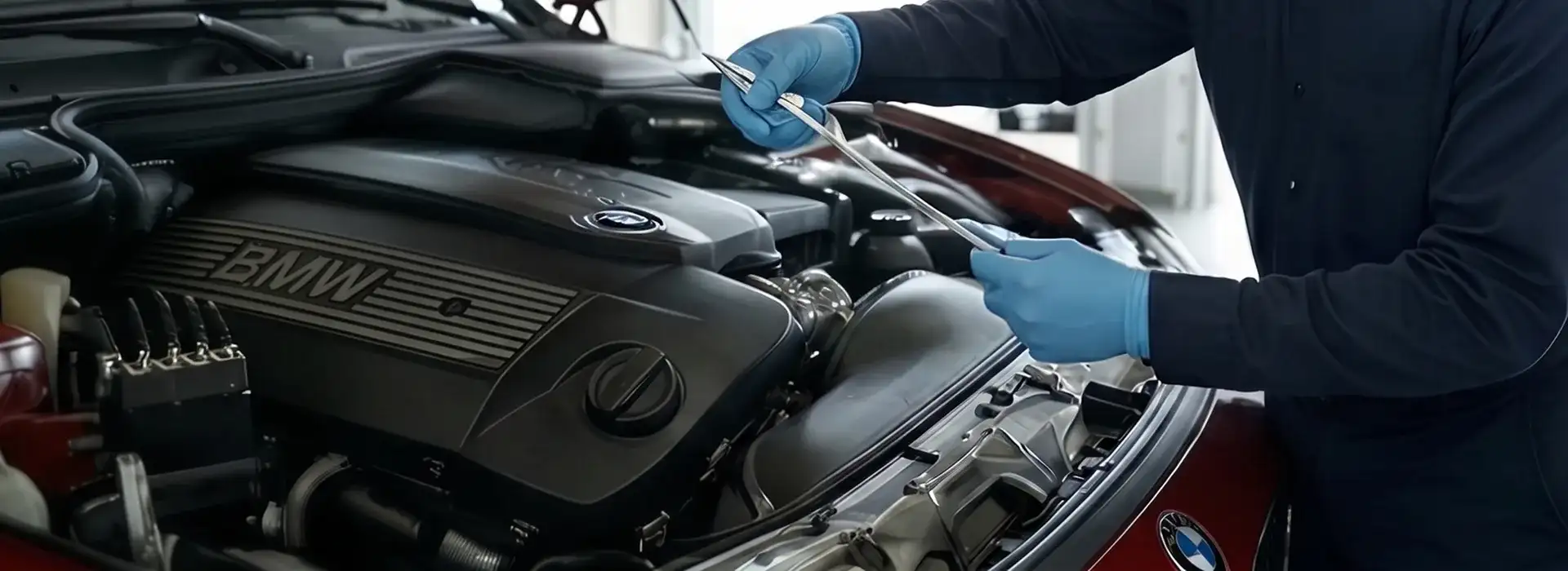 BMW technician performing an oil change on a BMW vehicle