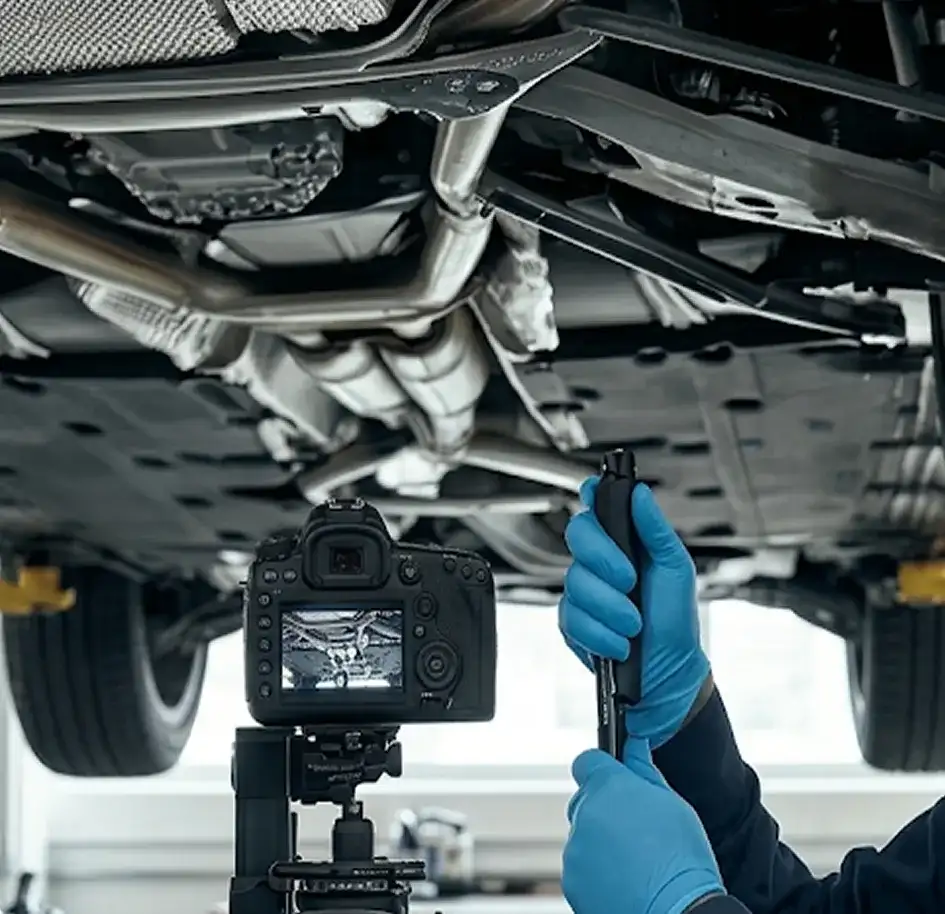 BMW technician inspecting the undercarriage of a BMW vehicle in the service bay