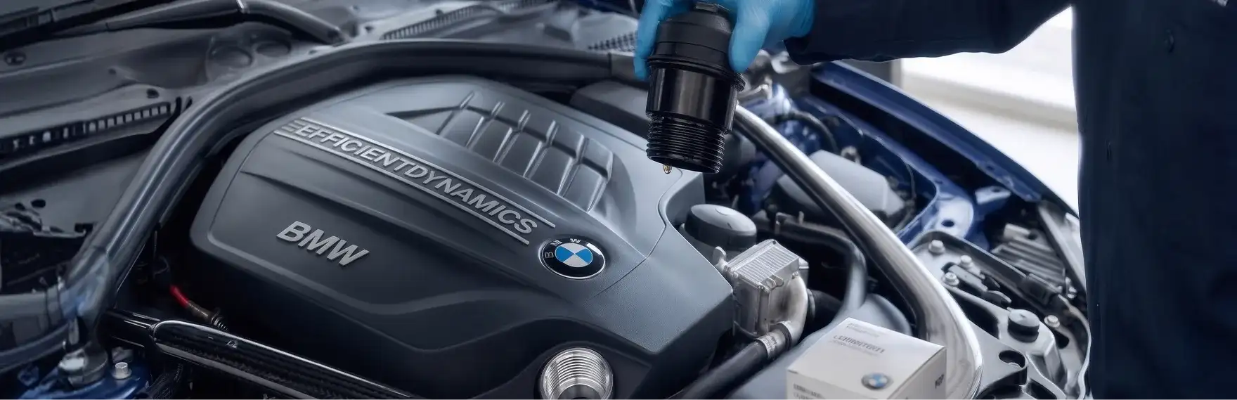 Certified BMW technician performing oil service on a BMW engine