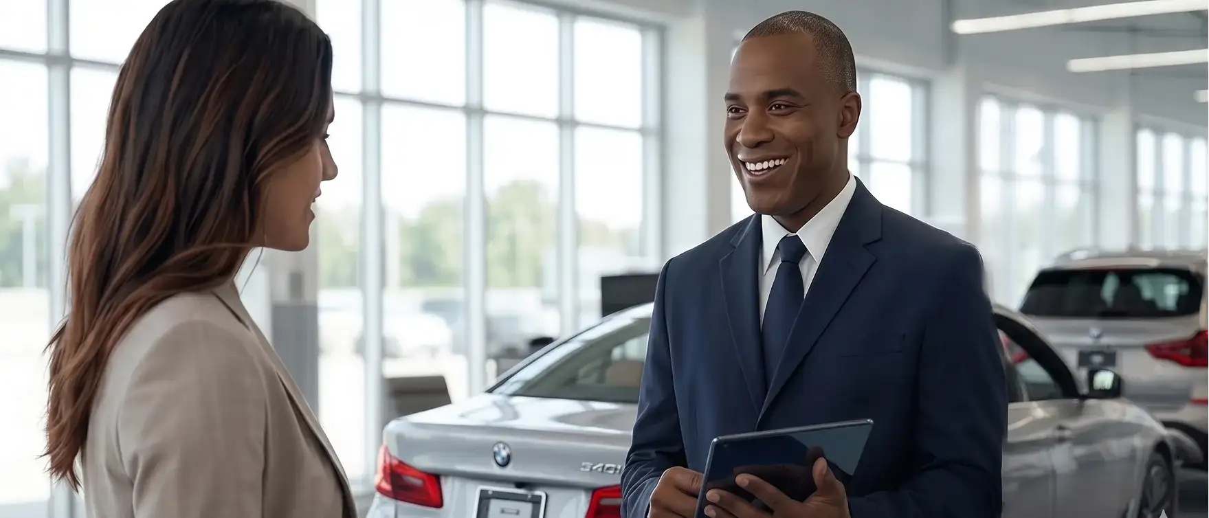 BMW of South Atlanta service advisor reviewing oil change plan with customer