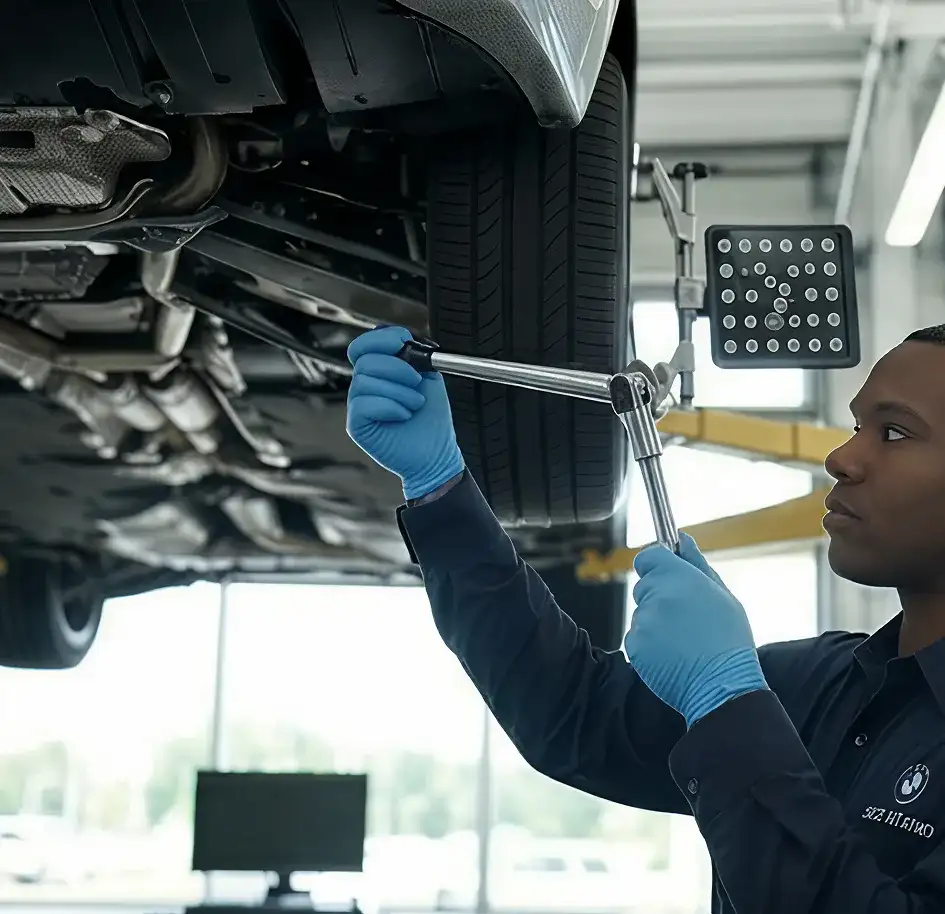 BMW certified technician performing precision wheel alignment