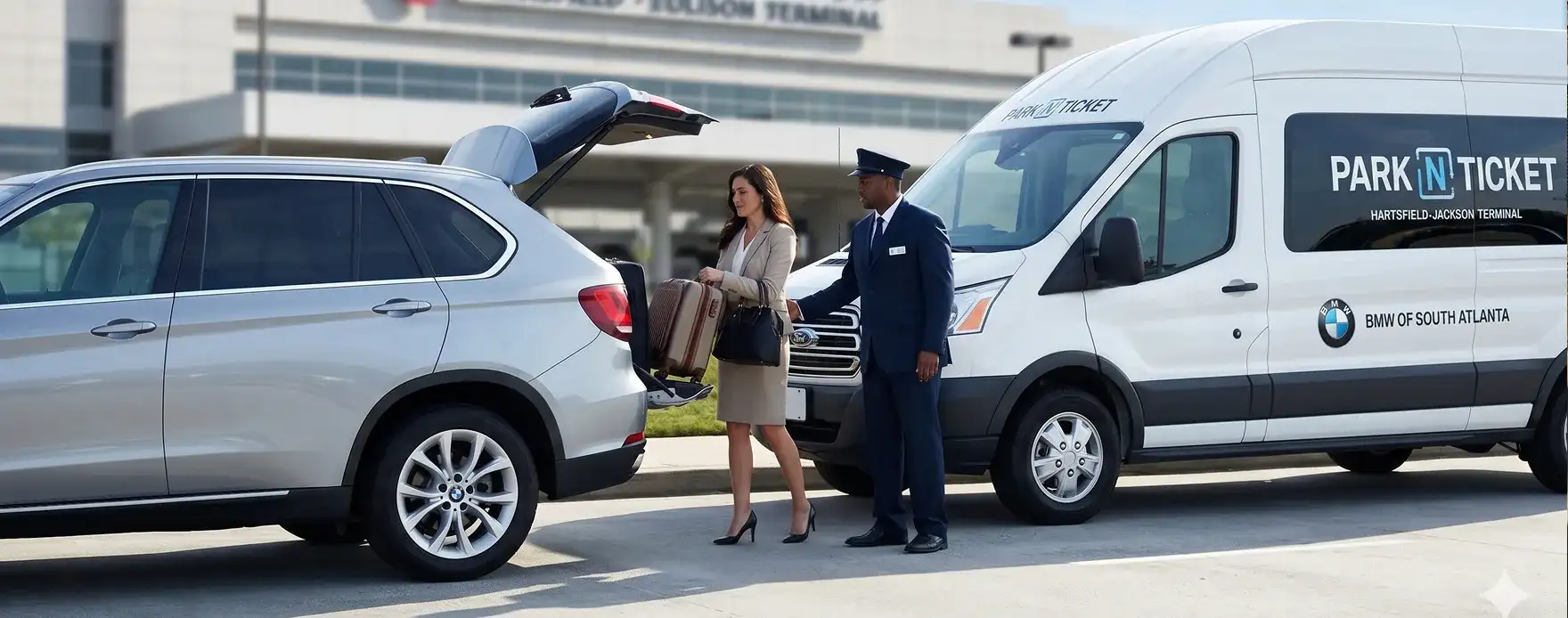BMW owner dropping off vehicle at Park'N Ticket with shuttle to Hartsfield-Jackson Atlanta International Airport