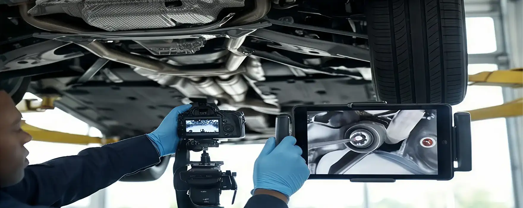 BMW of South Atlanta certified technician inspecting a BMW under the lift during a multipoint inspection
