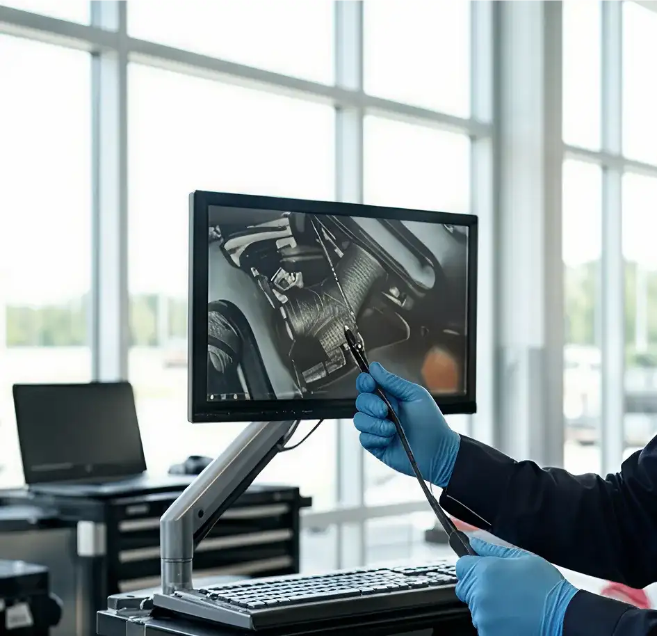 BMW owner reviewing the multipoint inspection video walkthrough sent by BMW of South Atlanta on a smartphone