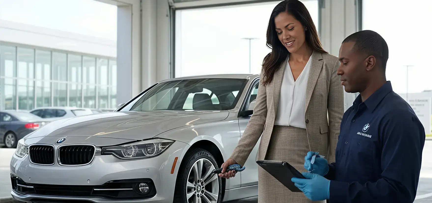 BMW of South Atlanta service advisor showing a customer the multipoint inspection video walkthrough on a tablet