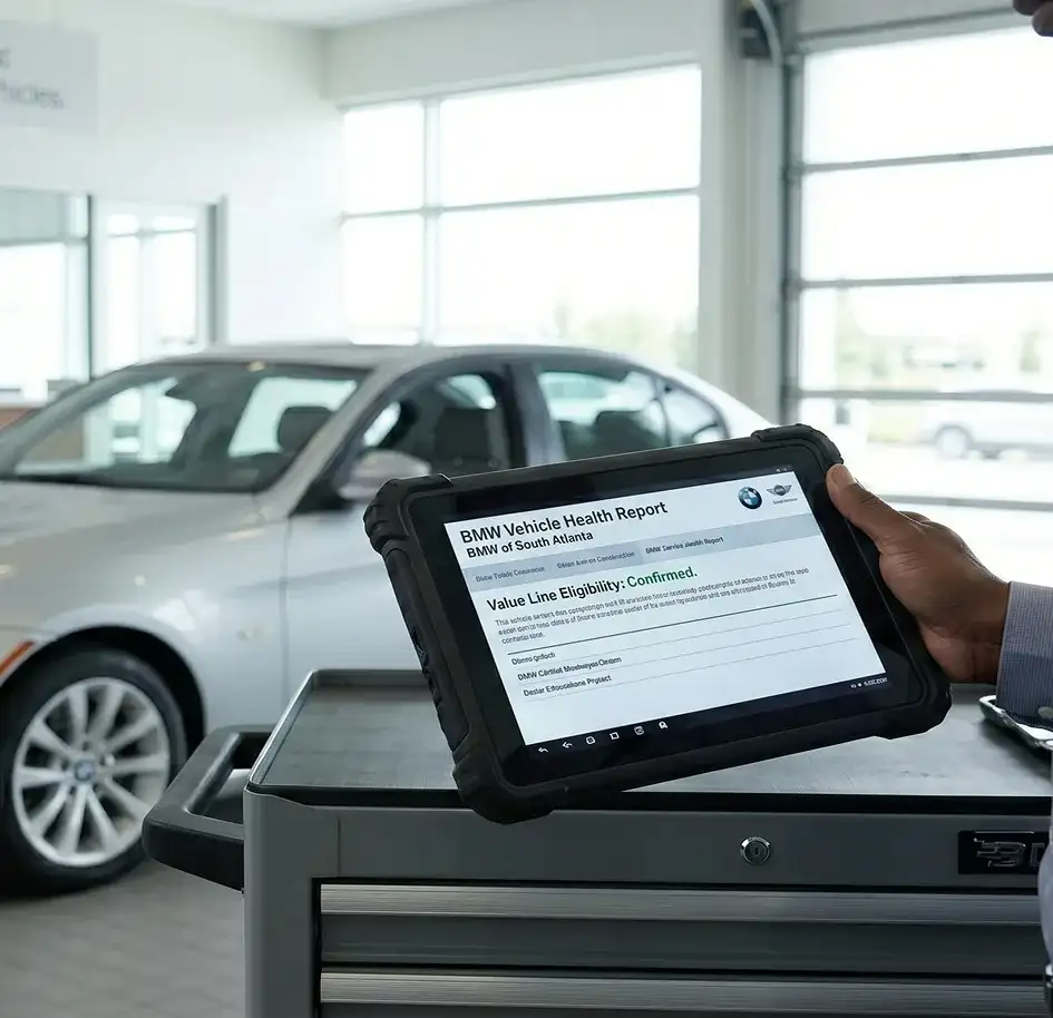 BMW of South Atlanta service bay with a qualified BMW receiving Value Line Service maintenance