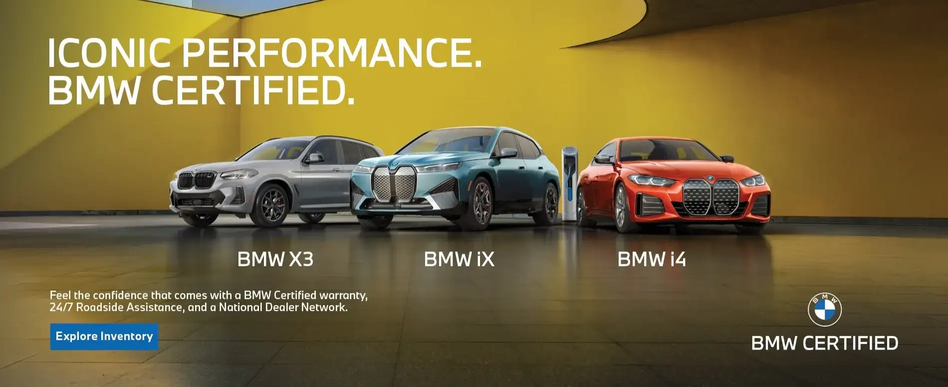 BMW Certified Pre-Owned program — BMW X3, BMW iX, and BMW i4 in the BMW Certified studio with the BMW Certified mark. Available at BMW of South Atlanta with full BMW NA Certified Pre-Owned warranty coverage.
