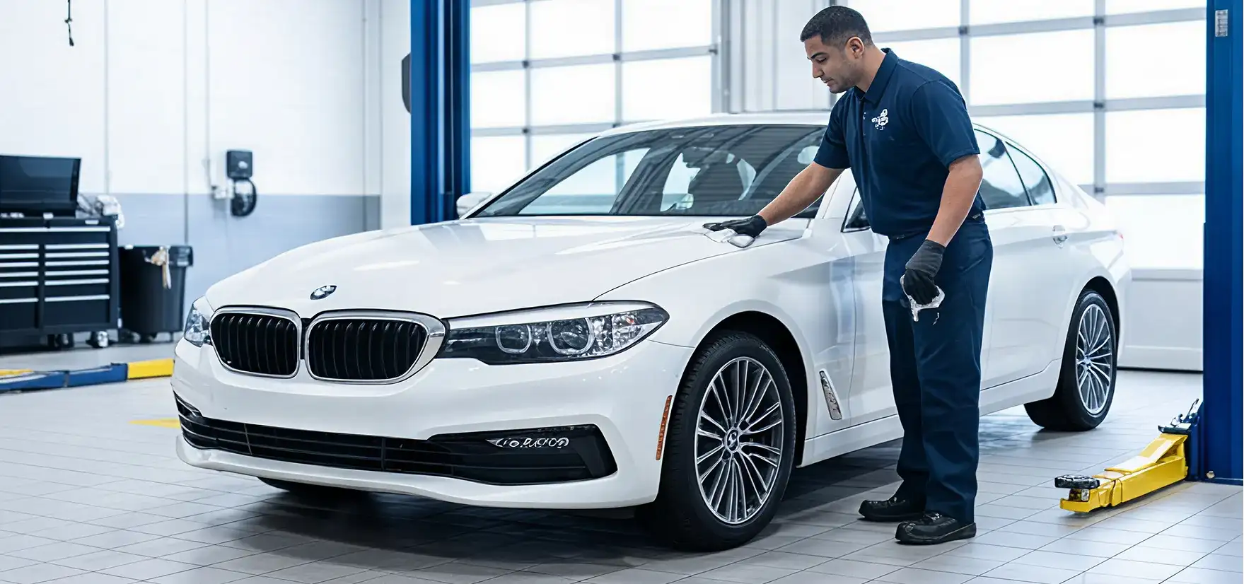 BMW technician inspecting engine during professional oil service