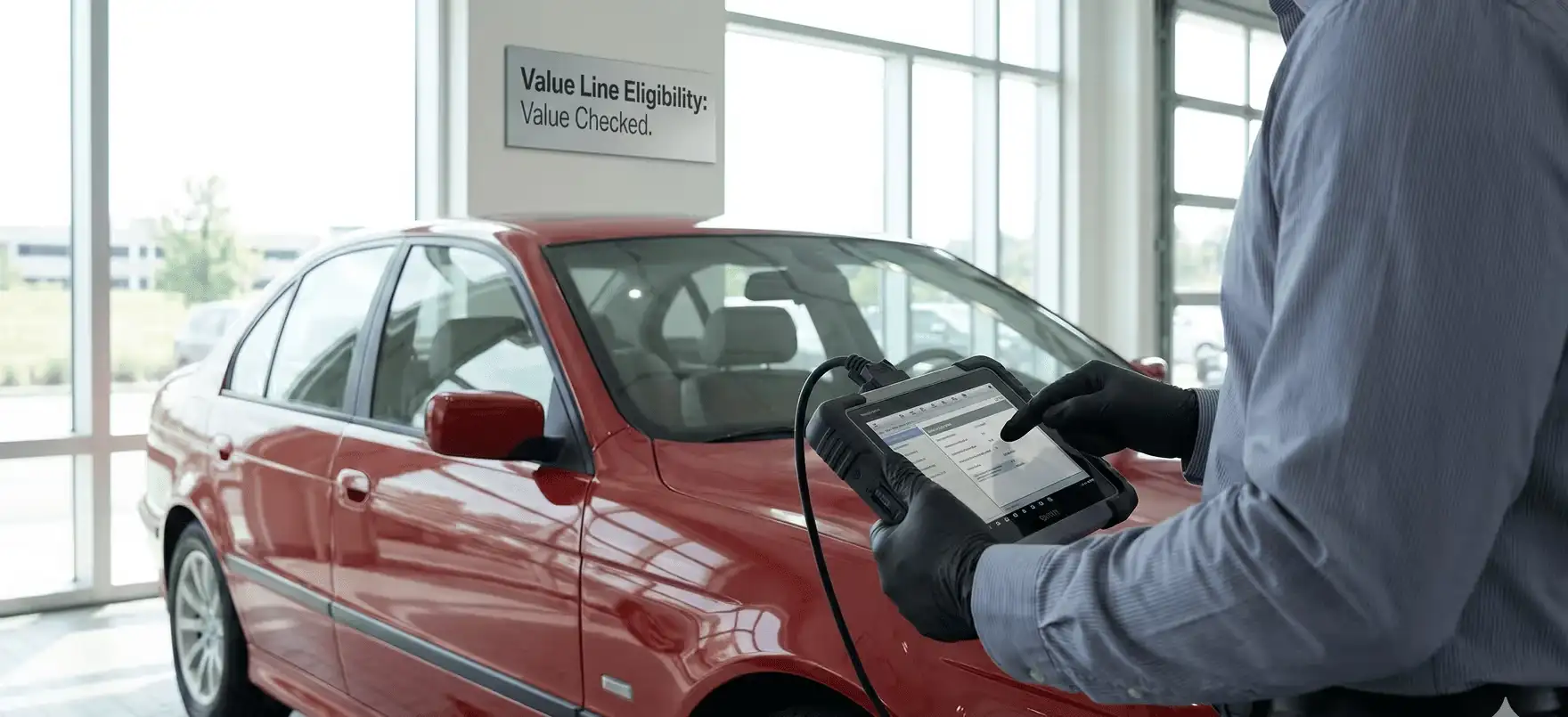 BMW technician inspecting brake pad wear sensor and CBS readout at BMW of South Atlanta
