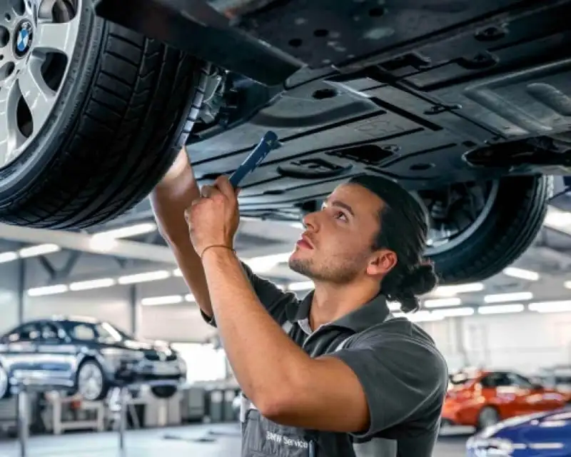 A BMW-trained technician inspecting the underbody of a BMW on a service lift — the 360° Certified Pre-Owned inspection at BMW of South Atlanta, Union City, GA