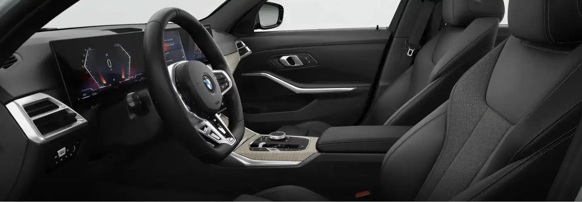 2026 BMW 3 Series interior showing the curved display, M Sport steering wheel, and black leather front seats with wood trim accents