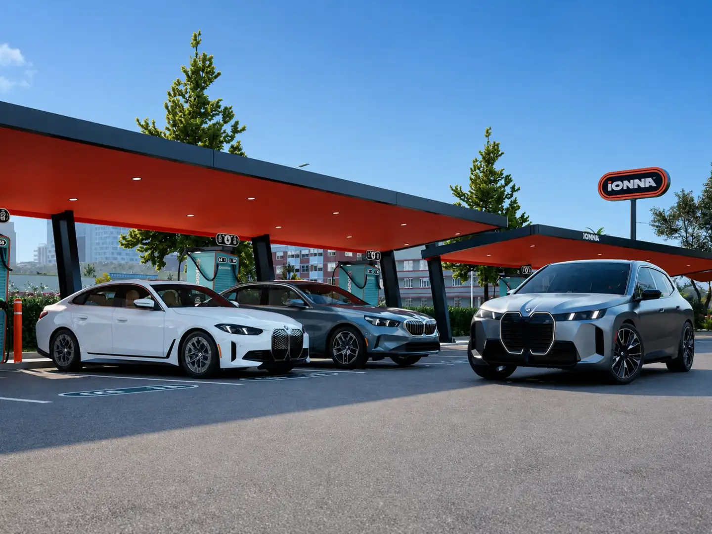 BMW iX, i4, and i5 charging at an IONNA DC fast-charge station — road-trip-ready charging across the BMW ChargingNetwork from Atlanta