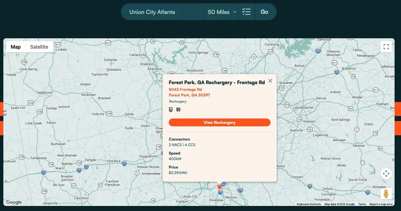 IONNA rechargery finder showing the Forest Park, GA station near Union City — 400 kW, NACS and CCS, $0.39 per kWh
