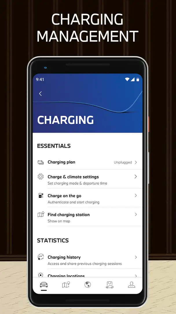 My BMW App charging management screen — charging plan, charge and climate settings, find charging station, and charging history