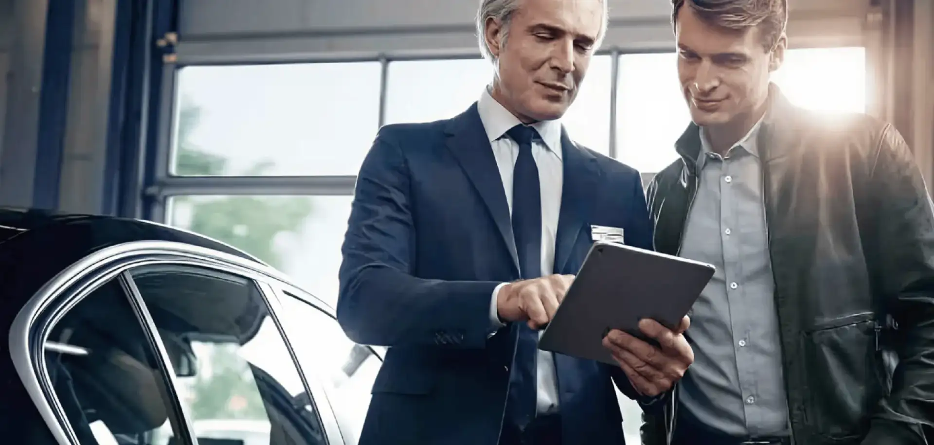 BMW dealership advisor showing a customer vehicle details