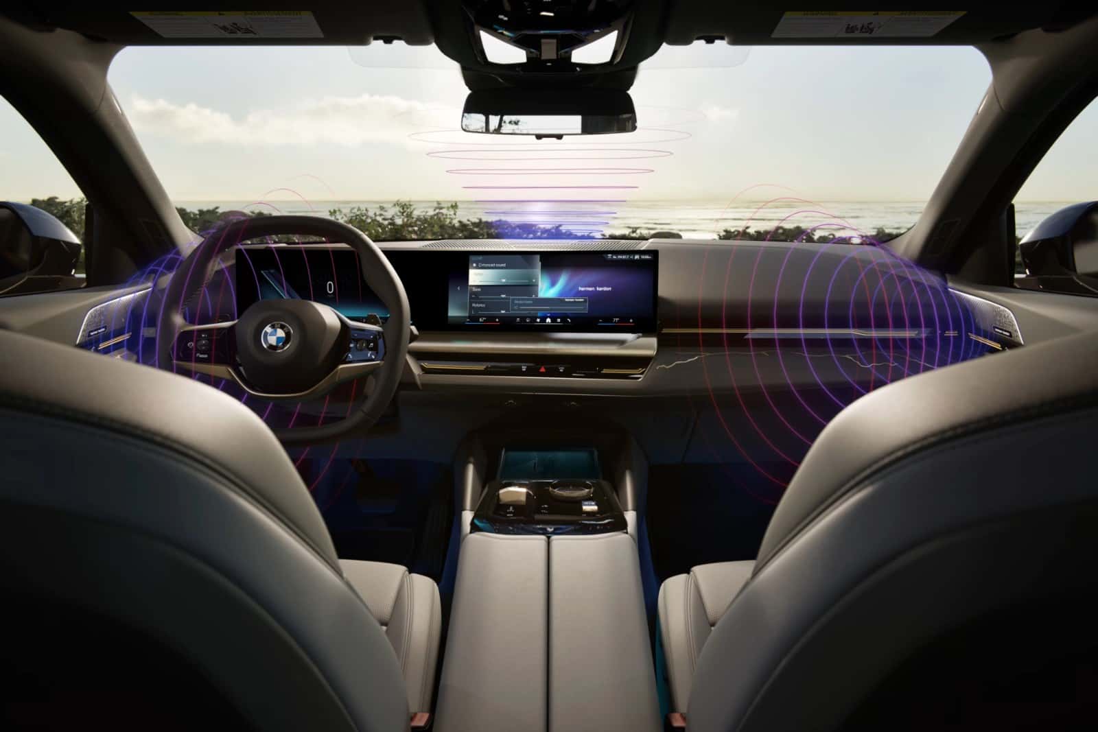 The interior of a BMW 5 Series lit with ambient lighting