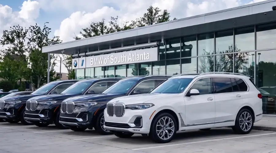 BMW of South Atlanta, its sign above the showroom glass and a row of new BMW SUVs on the front line