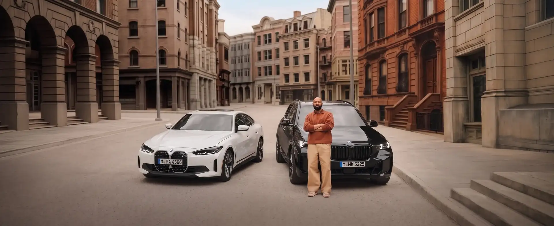 A white BMW sedan and a black BMW SUV parked on a city street, their owner standing between them