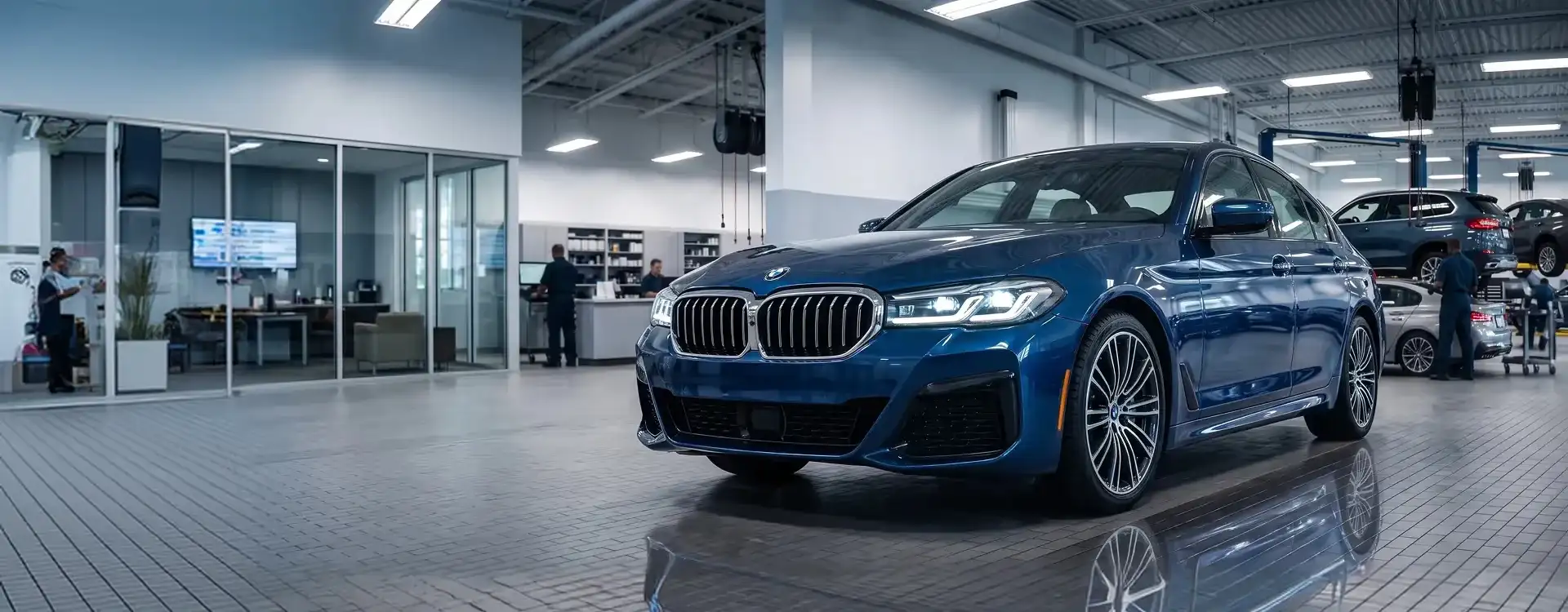 A blue BMW 5 Series inside the service center, the workshop bays and the service desk behind it