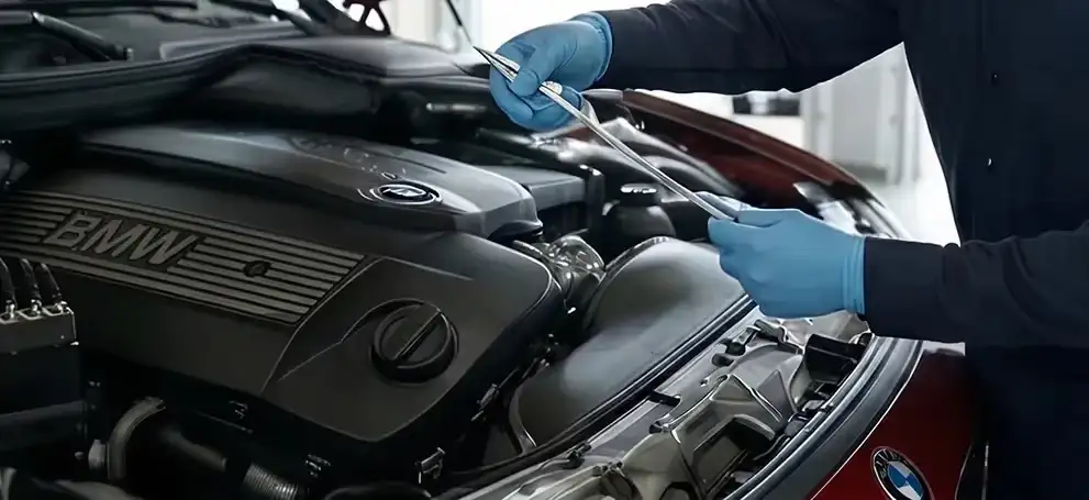 A BMW technician in gloves drawing the dipstick to check the oil level on a BMW engine