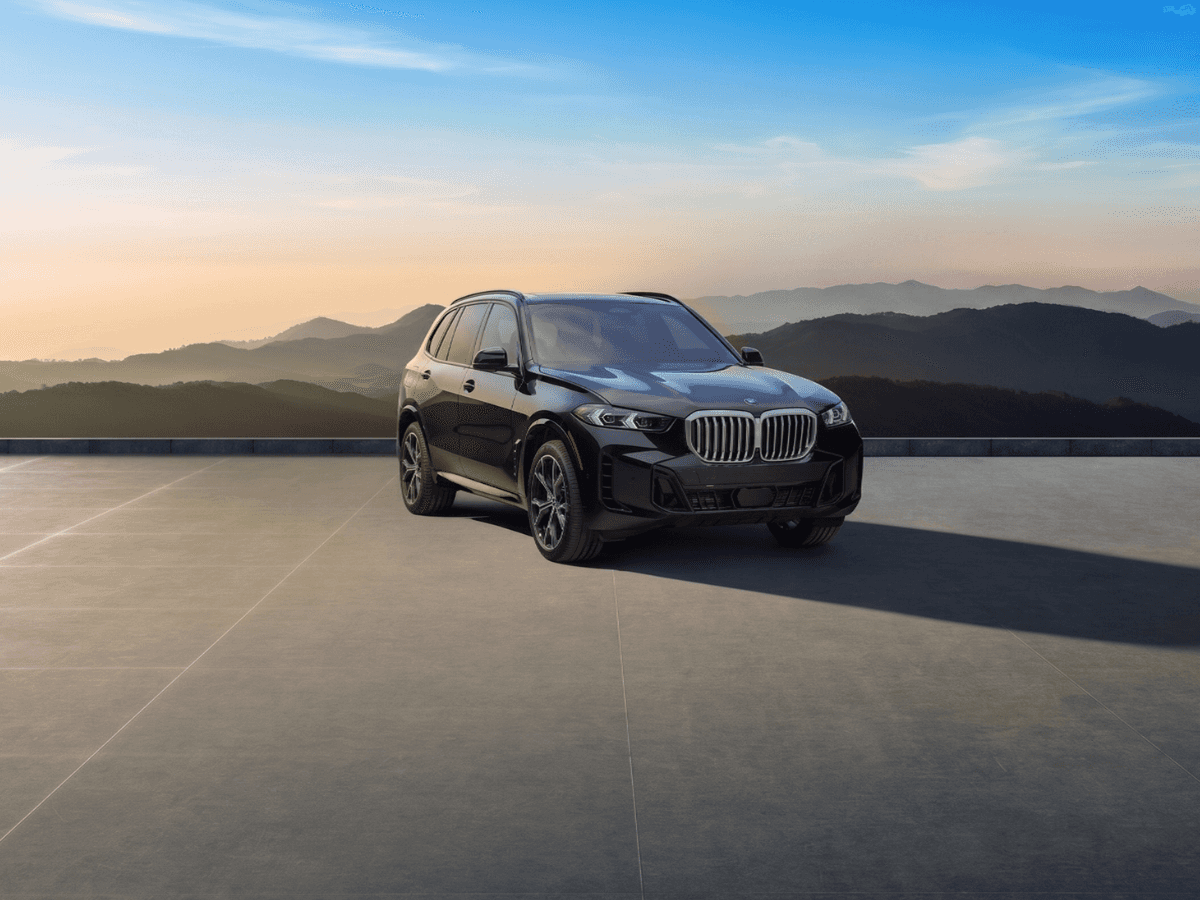 Black BMW X5 parked on a stone terrace overlooking mountain ranges