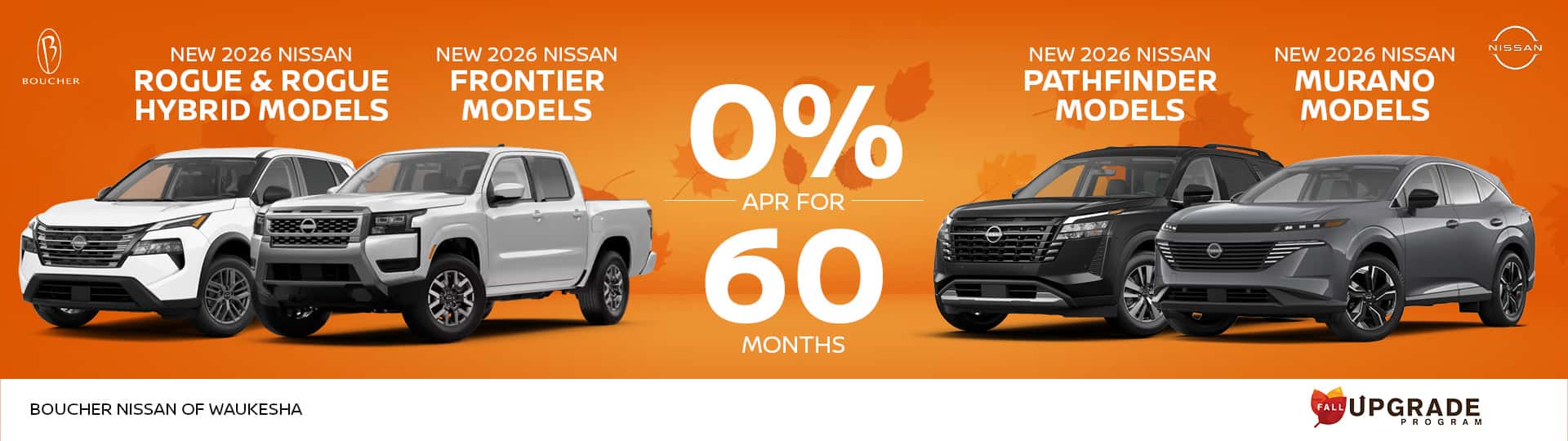 0% APR for 60 Months on New 2026 Nissan Rogue, Rogue Hybrid, Frontier, Pathfinder, Murano Models