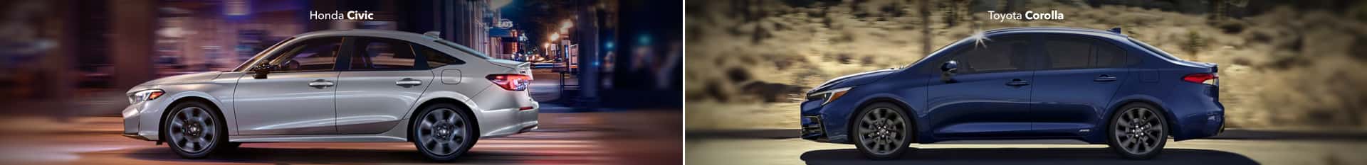 Side profile of the Honda Civic driving in the city and the Toyota Corolla driving in the outdoors