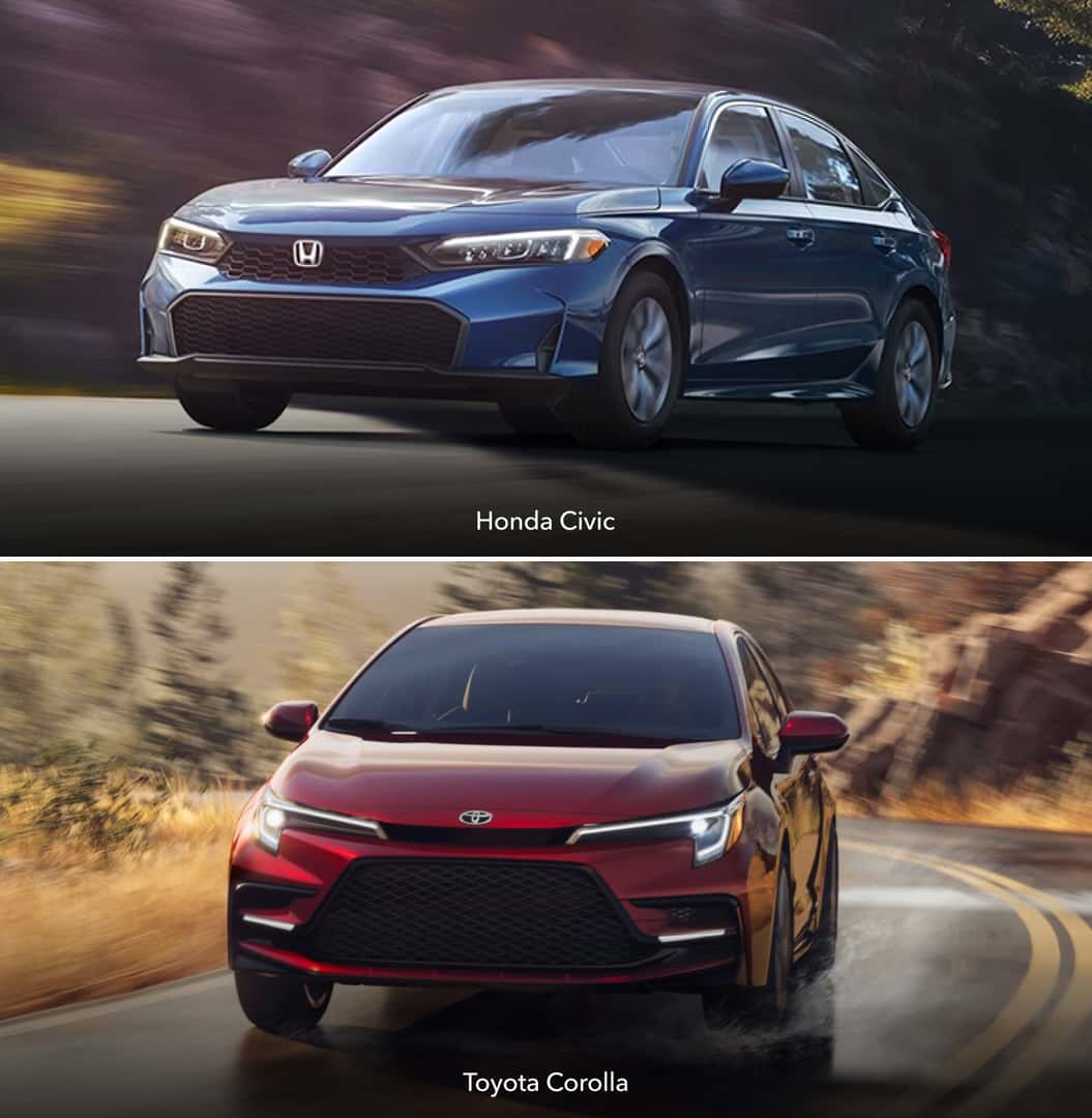 Stacked images of the Honda Civic and Toyota Corolla Driving outdoors