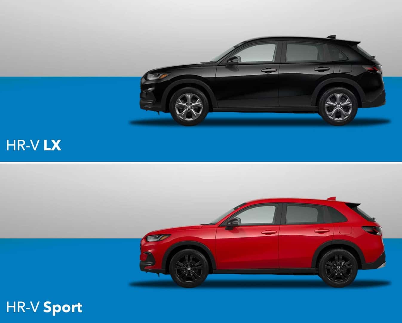 Two side-view images of Honda HR-V. The top is a 2027 Honda HR-V LX on a blue background, the bottom is a 2027 Honda HR-V Sport, also on blue background.