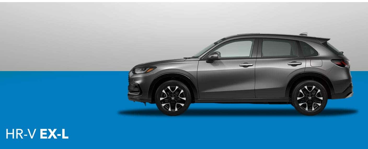 Side view of a 2027 Honda HR-V EX-L on a blue background. The vehicle appears sleek and modern, conveying a tone of sophistication.
