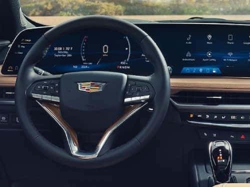 2024 Cadillac XT4 interior view of dash and steering wheel