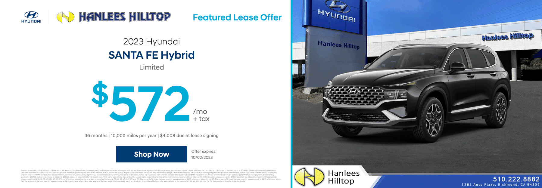 Lease a 2023 Hyundai SANTA FE Hybrid Limited for $572 per month plus tax
