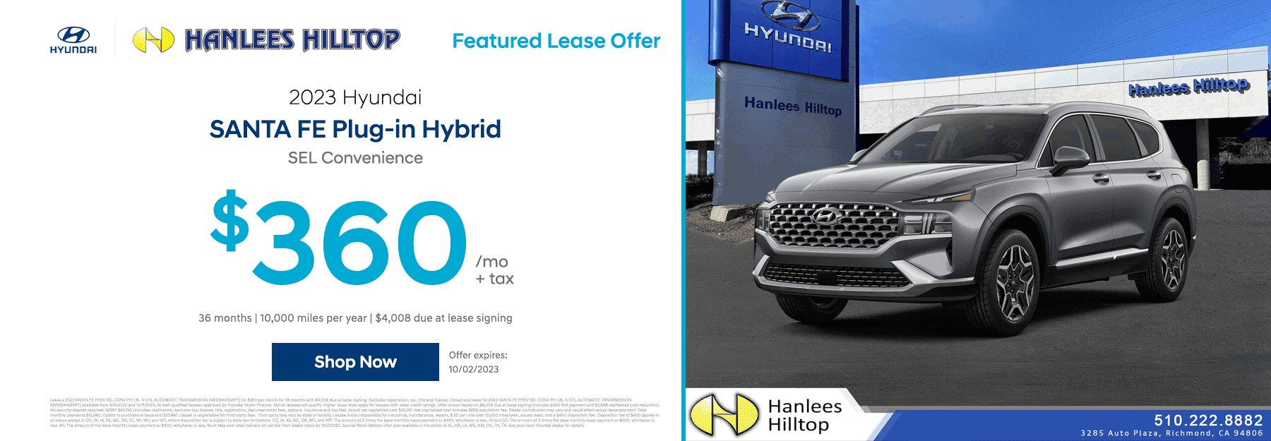 Lease a New 2023 Hyundai SANTA FE Plug-in Hybrid SEL Convenience⁠ for $360 per month plus tax
