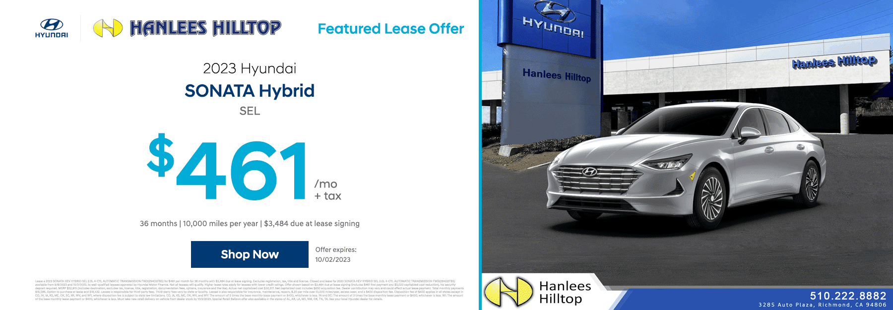 Lease a 2023 Hyundai SONATA Hybrid SEL for $461 per month plus tax