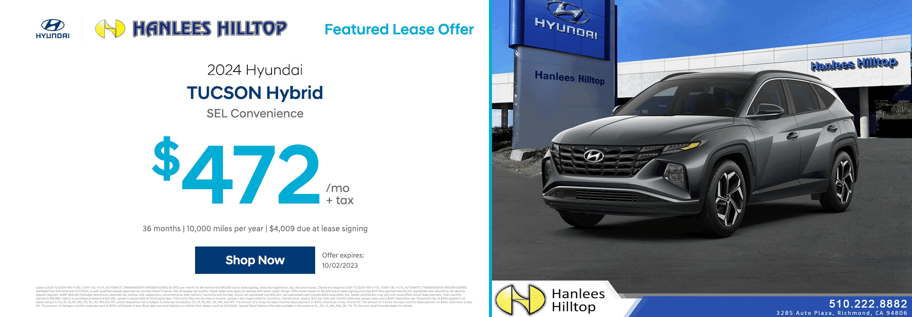 Lease a 2024 Hyundai TUCSON Hybrid SEL Convenience⁠ for $472 per month plus tax