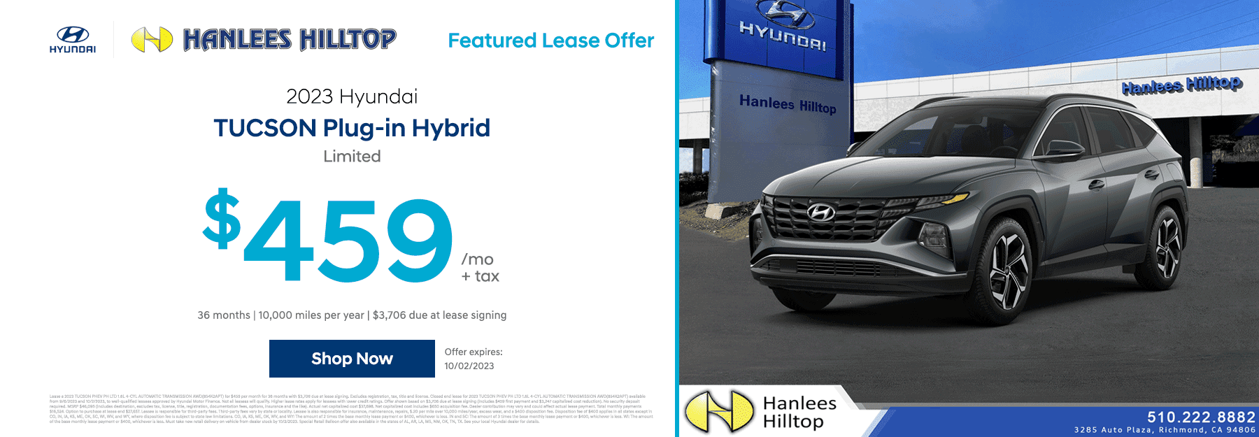 Lease a 2023 Hyundai TUCSON Plug-in Hybrid Limited for $459 per month plus tax