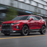 2021 chevy blazer red exterior driving down roadway