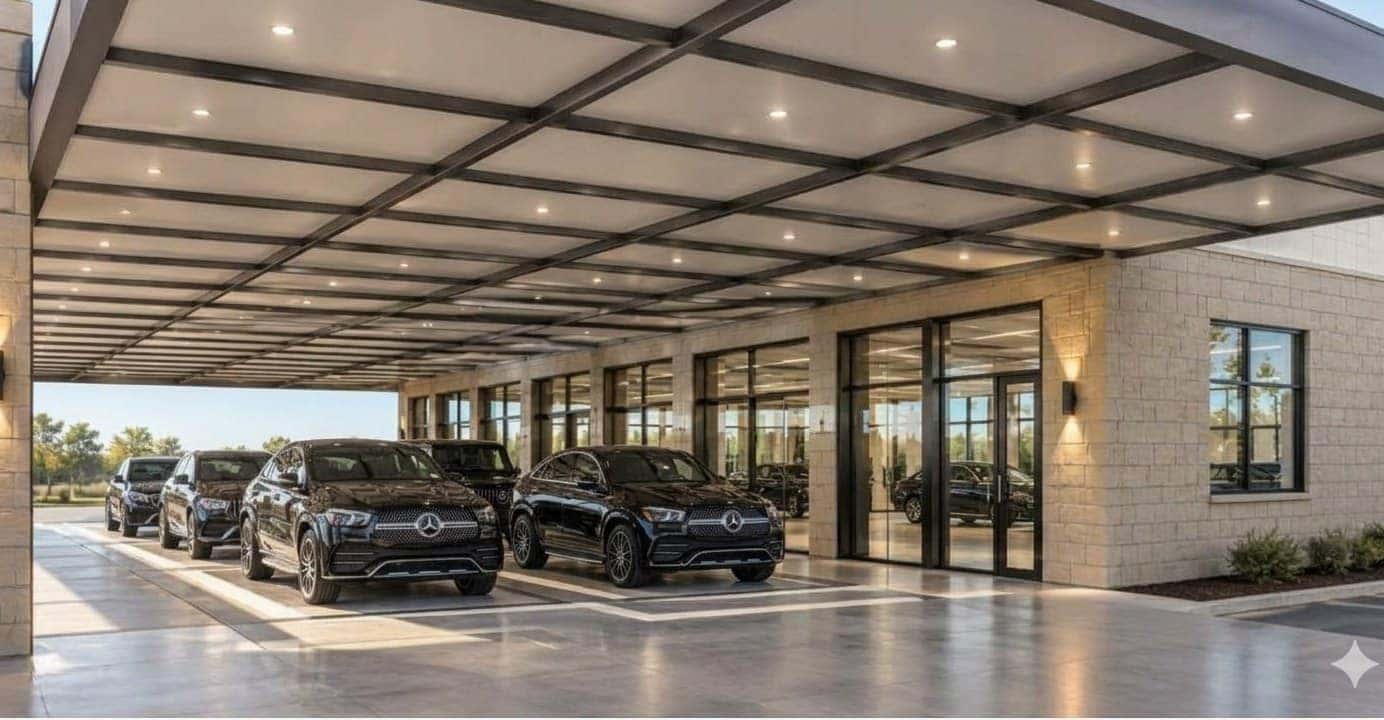 Covered service drive at the new Mercedes-Benz Carlsbad facility