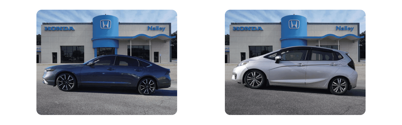 Front view of Nalley Honda Brunswick dealership showcasing various new Honda vehicles for sale, inviting customers to explore the inventory.