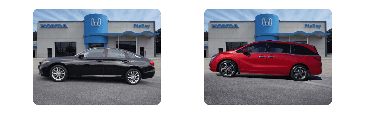 Exterior view of Nalley Honda Brunswick dealership showcasing a variety of new and pre-owned Honda vehicles available for purchase in Brunswick, GA.