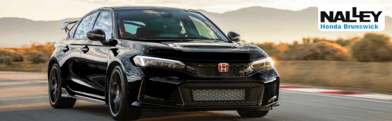 Honda Civic Type R parked outside Nalley Honda Brunswick dealership, showcasing bold styling