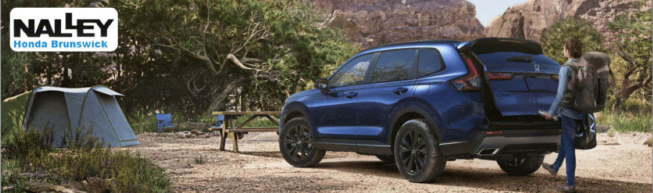 2025 Honda CR-V and Pilot lined up at Nalley Honda Brunswick with palm trees in the background.
