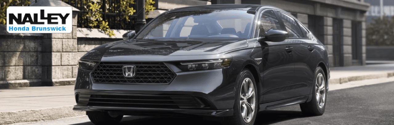 The 2025 Honda Accord Sedan shown in front of Nalley Honda Brunswick, highlighting its modern exterior styling.